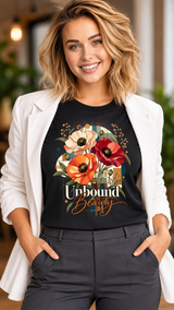 Woman wearing black Unbound Beauty Gildan 64000 floral graphic T-shirt