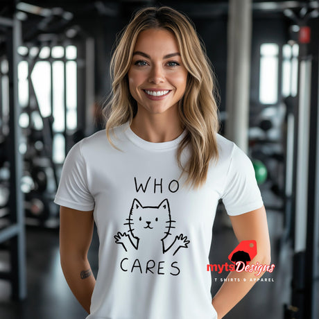 White funny cat t-shirt worn by a young woman in a gym