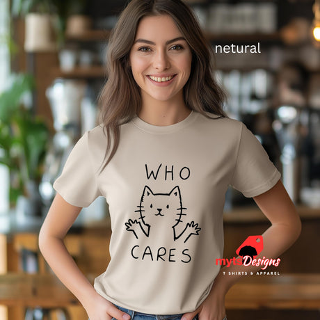 Netural funny cat t-shirt worn by a young woman