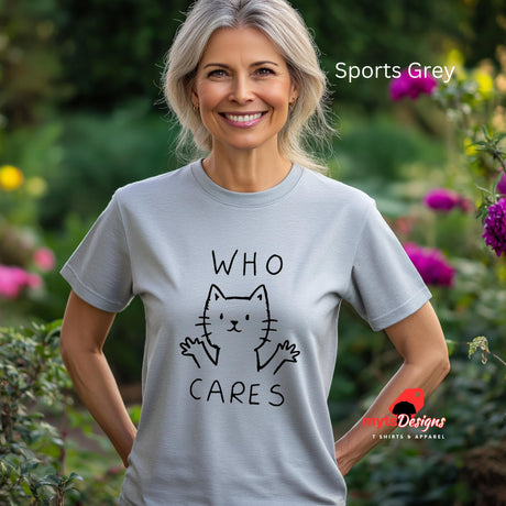 Sports grey funny cat t-shirt worn by a seniour woman in a cottage garden