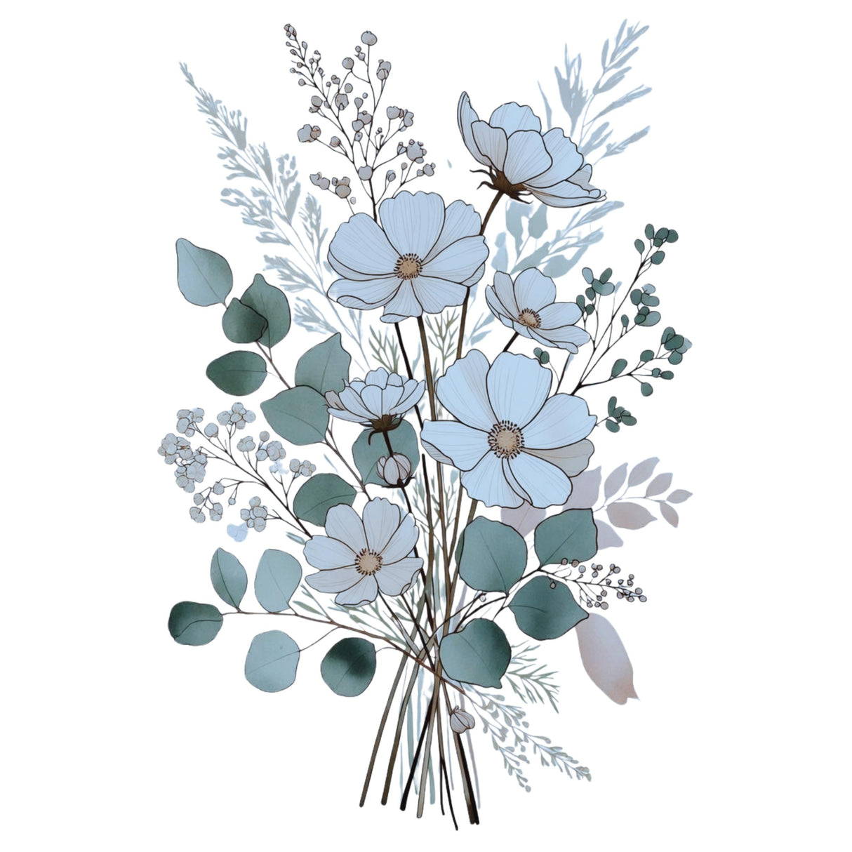 A stylized floral arrangement illustration featuring pale blue flowers, muted blue-green leaves, and delicate sprigs on a white background.