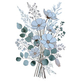 A stylized floral arrangement illustration featuring pale blue flowers, muted blue-green leaves, and delicate sprigs on a white background.