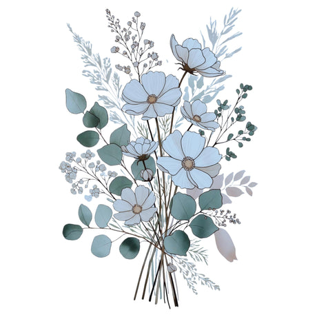 A stylized floral arrangement illustration featuring pale blue flowers, muted blue-green leaves, and delicate sprigs on a white background.